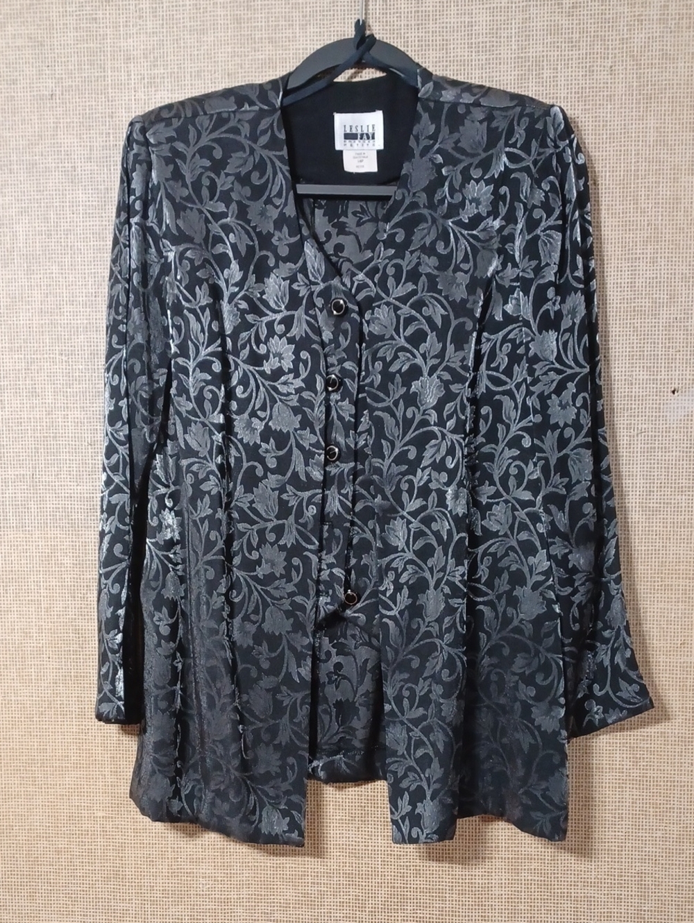 Leslie Fay Black Floral Jacquard Button-Front Vest & Over Blouse